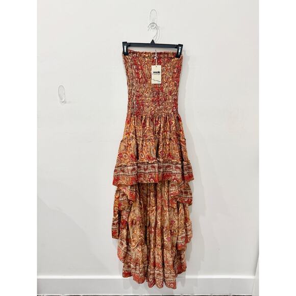 Paisley Print Strapless Smocked High Low Hem Maxi Dress Orange/Red Women's XS - Picture 1 of 2